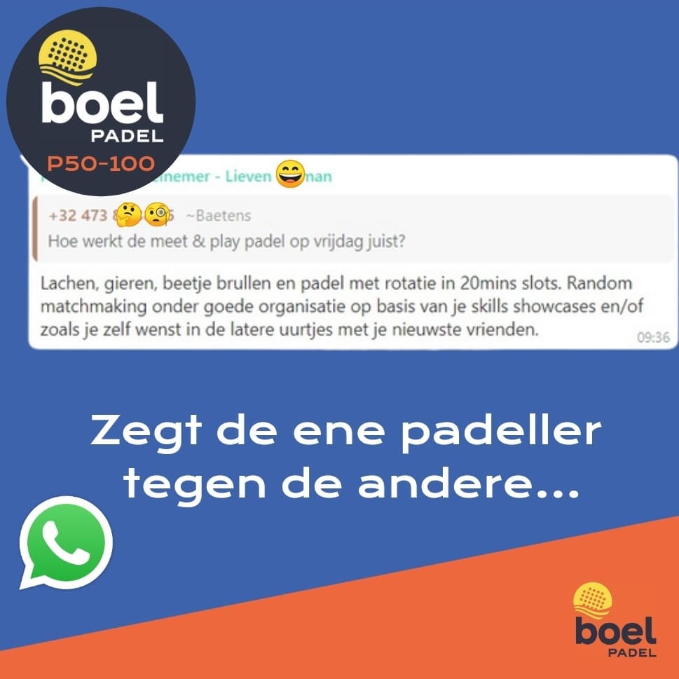 Boel Padel organiseert WhatsApp groepen om in contact te komen met mede padellers, om af te spreken of vragen te stellen.
In onze groep P50-100 kwam deze vraag aan bod: Hoe werkt de meet & play padel op vrijdag juist? Awel, dit was het antwoord van een van de eerdere bezoekers!
Moest je nog niet weten wat te doen komende vrijdagen, schrijf je dan snel in voor één van de Meet & Play.
Wil je ook graag in contact komen met andere padellers van jouw spelniveau? Scan dan de QR code op onze website om deelnemer te worden van de WhatsApp groep die bij je past!
#whatsapp #zegtdeenetegendeander #meetnplay #padelclub #padeltemse #padelgesprekken #boelpadel #meetplaypadel #padelmania #temse