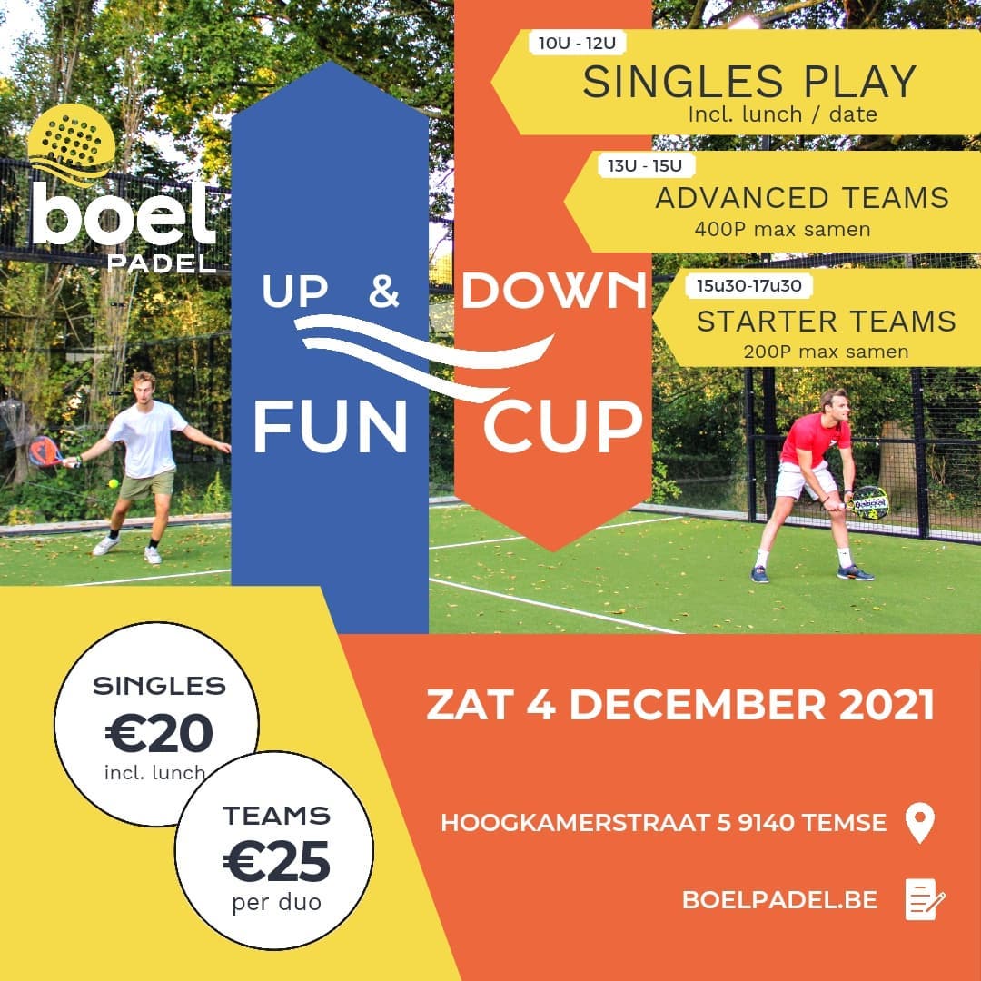 Awel, wat voor plezant gaat er nog veilig kunnen doorgaan? Boel Padel’s Up & Down Fun Cup mét singles play zeker!
Zaterdag 4 december host Boel Padel ons eerste recreatief Up & Down tornooi. Gedurende twee uren speel je korte matches waarbij de verliezer een veld daalt en de winnaar stijgt, met als doel zo hoog mogelijk te eindigen.
Op veler verzoek starten we met een up & down: ENKEL VOOR SINGLES!!
Een unieke formule waarbij je individueel inschrijft. Je speelt met een willekeurig aangewezen partner korte matches tegen verschillende tegenstanders én zal te maken krijgen met een onverwachts spelelement. Na afloop van dit tornooi leer je elkaar nog beter kennen, want de lunch date die volgt is inbegrepen!!
In de namiddag volgen twee competities voor duo’s die zich samen inschrijven. We starten met de gevorderden wiens punten gezamenlijk optellen tussen 200 tot max 400 punten. De dag sluiten we af met de beginnerscompetitie voor duo’s met of zonder eerste competitie ervaring.
Schrijf je in via de website: volg de link in onze bio.
#upanddown #singlesplay #singlesevent #singleslunch #beginnerspadel #advancedpadel #padeltornooi #padeltemse #boelpadel #temsesport