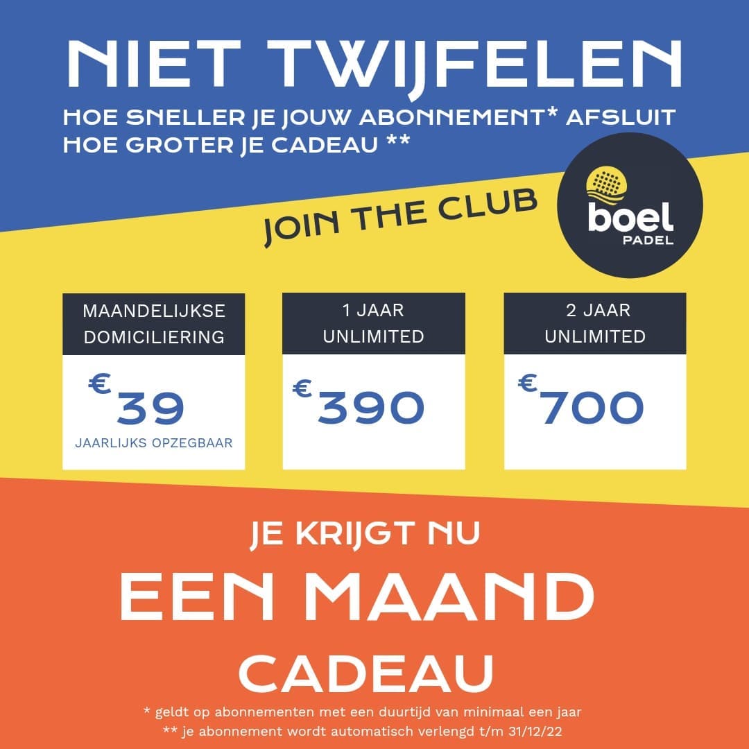 2021 ligt spoedig achter ons.. Profiteer er nog snel van, want zolang als het jaar nog duurt, krijg jij unlimited toegang tot de pleinen bij een abonnement* cadeau… 🎁
Beslis je vandaag nog? Dan krijg je er dus een héle maand gratis bovenop - dat is zolang als 2021 vandaag nog duurt… Jawel, time flies when you’re having fun! 🎉
Beslis je morgen? Awel, dan krijg je dus een maand minus één dag cadeau bij je abonnement.
NIET TWIJFELEN!
❤️ Waarom zou je trouwens? ❤️
+ 6 topkwaliteit double courts
+ megaplezante single court
+ lessen op topniveau
+ de beste clubgenoten
+ tofste uitbating
+ padellen in 't groen
+ gezelligste bar van Temse
+ club in volle ontwikkeling (binnenkort douches, overkapping & extra velden anyone? )
+ massa's activiteiten het ganze jaar
Aanschaf via de webshop op boelpadel.be, aanvraag cash aankoop is ook mogelijk via webshop.
* Deze actie is geldig bij aanschaf van abonnementen met een duurtijd van minimaal een jaar. Je jaarabonnement wordt automatisch verlengd t/m 31/12/2022.
#jointheclub #debestepadelclub #cadeautjestijd #padelcadeau #padeljaar #padelabonnement #padelclub #boelpadel #boeltemse #temsesport #temseleeft #padelunlimited #niettwijfelen